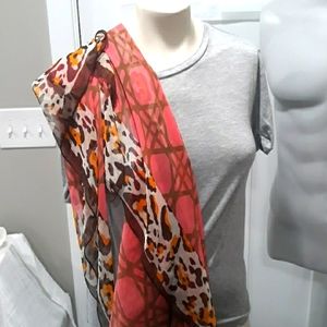 Pink and brown animal print and plaid silk scarf. Mint condition. 37 x 72
